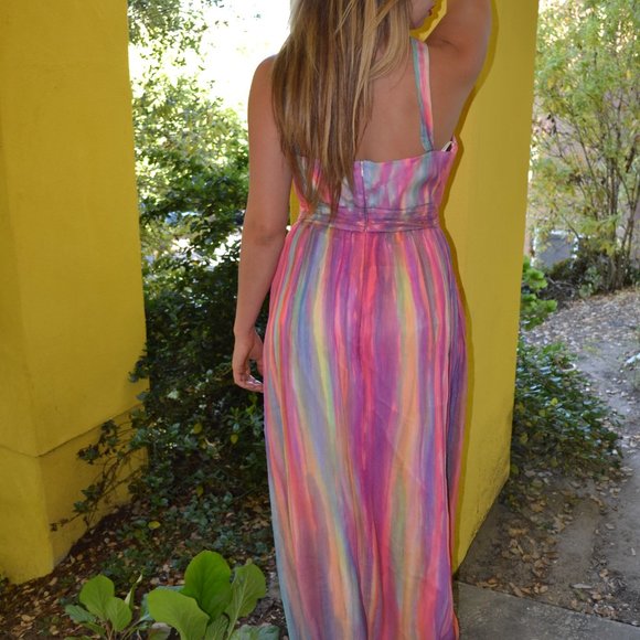NEW silk halter long maxi dress painted rainbow pink 12 wedding party prom beach - Picture 5 of 13